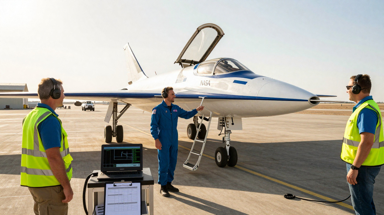 Técnicos e piloto em pista perto de avião experimental branco com detalhes azuis da NASA com escada na porta aberta.