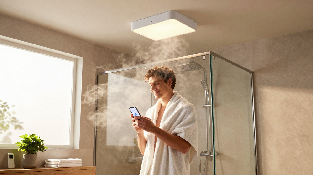 Homem sorrindo com toalha no ombro usa celular em banheiro com chuveiro e vapor.