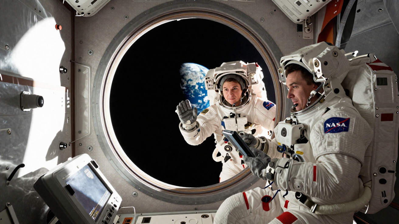 Dois astronautas em trajes espaciais dentro de uma nave, com a Terra visível pela janela.
