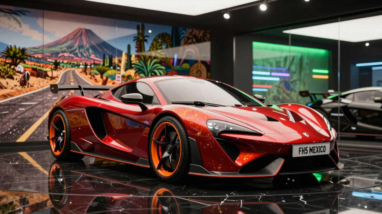 Carro esportivo vermelho com rodas laranja em ambiente interno com pintura colorida ao fundo.
