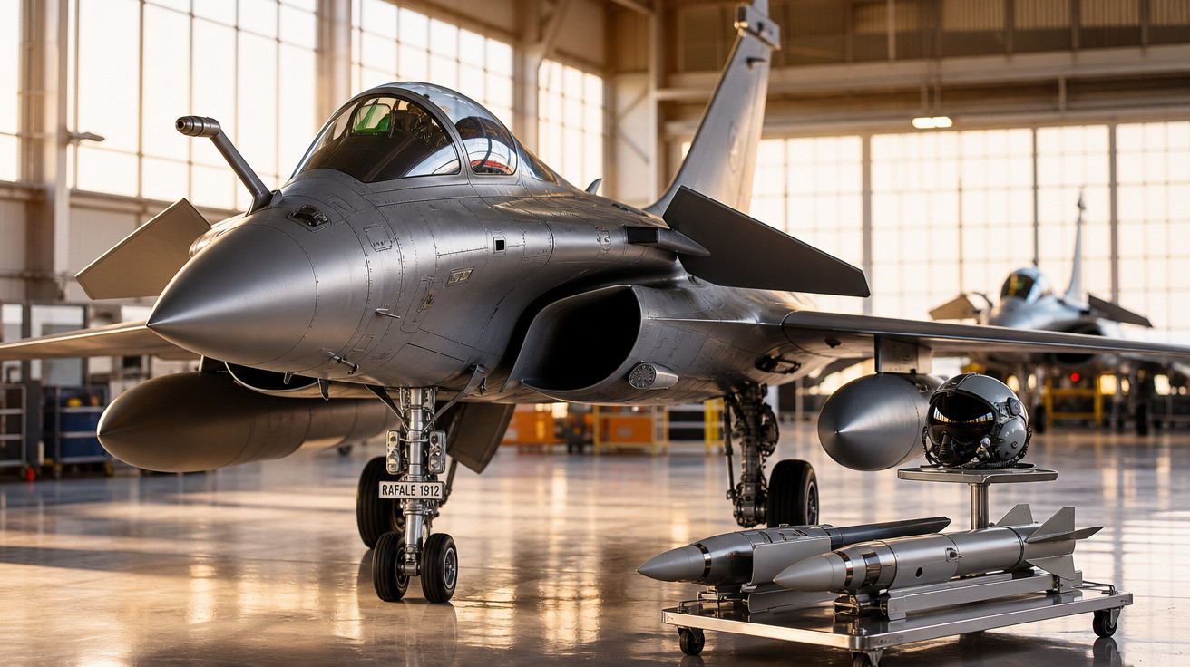 Caça francês Rafale cinza em hangar com capacete e mísseis expostos ao lado.
