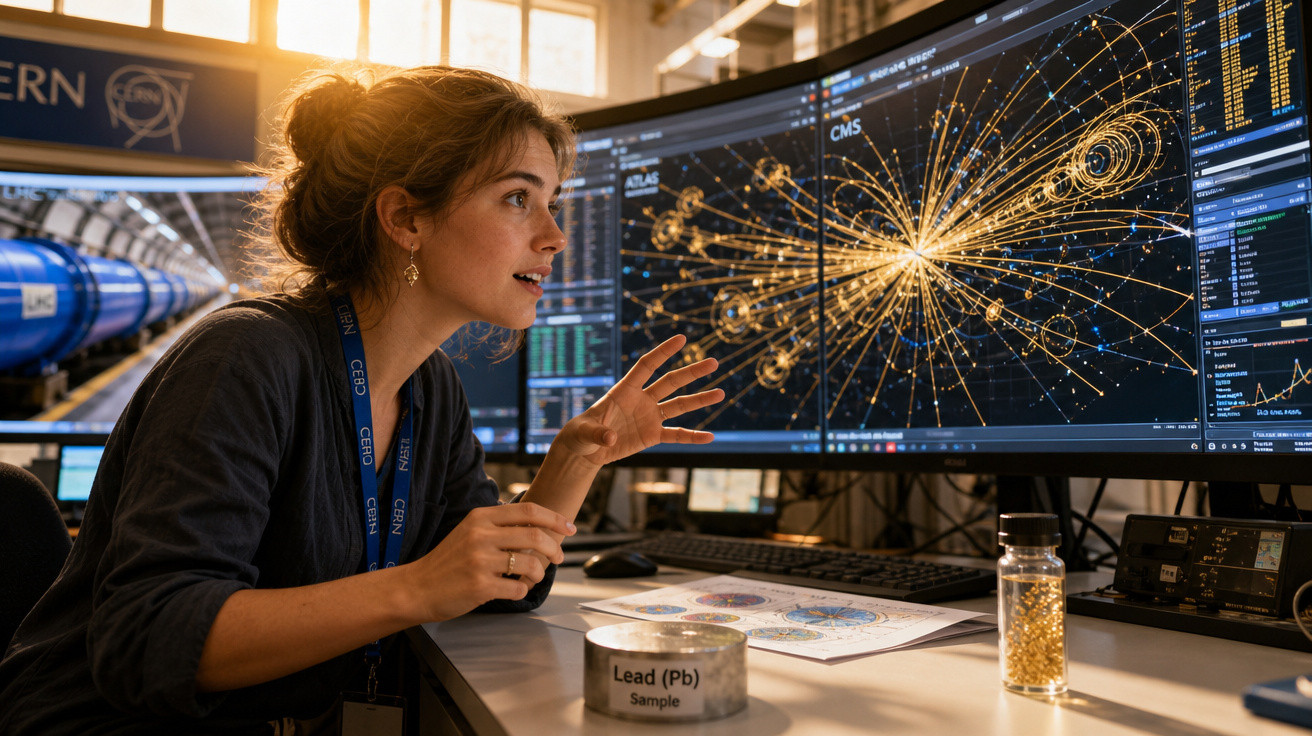 Mulher cientista analisa gráficos de física de partículas em tela com equipamentos do CERN ao fundo.