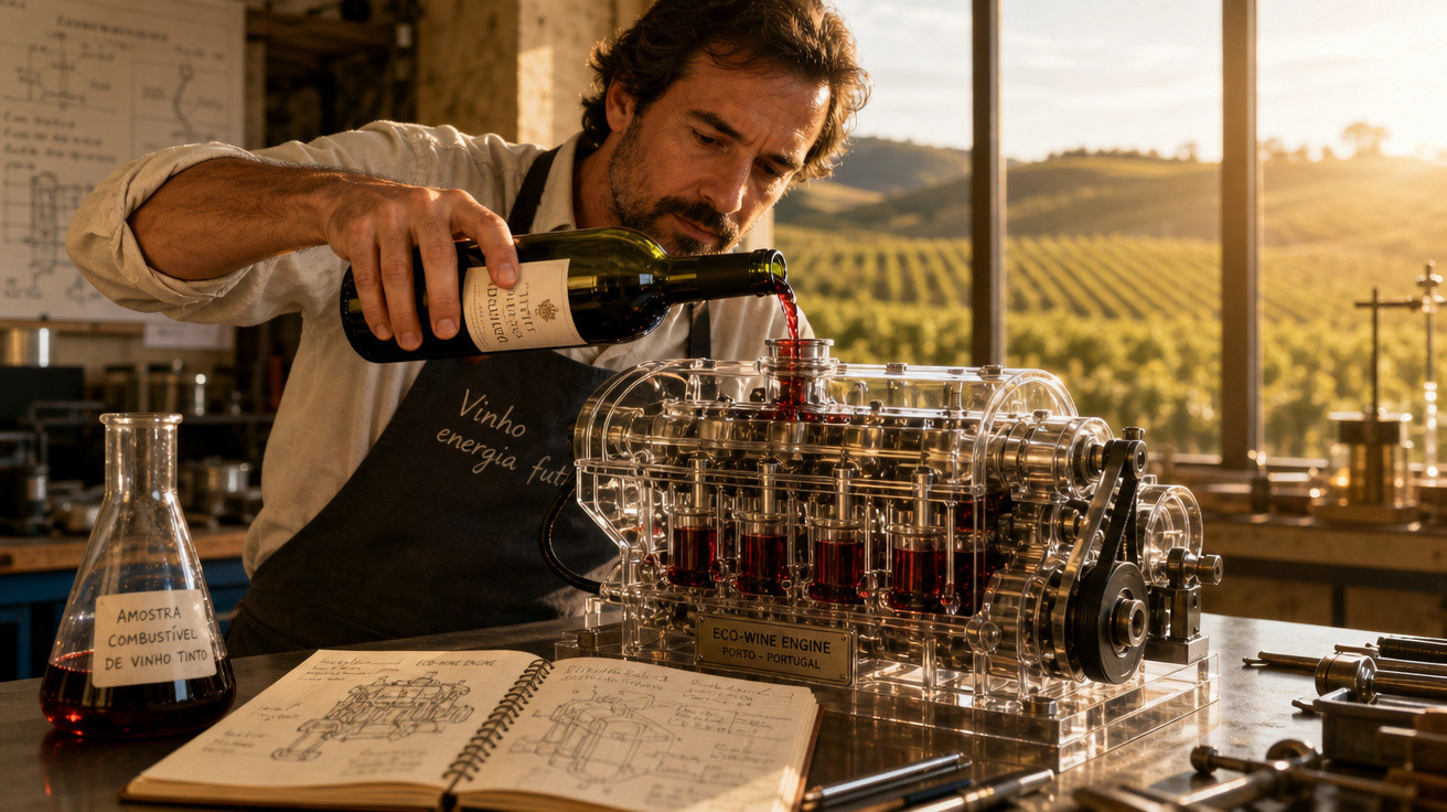 Homem derrama vinho em motor translúcido em laboratório com vinhedo ao fundo ao pôr do sol.