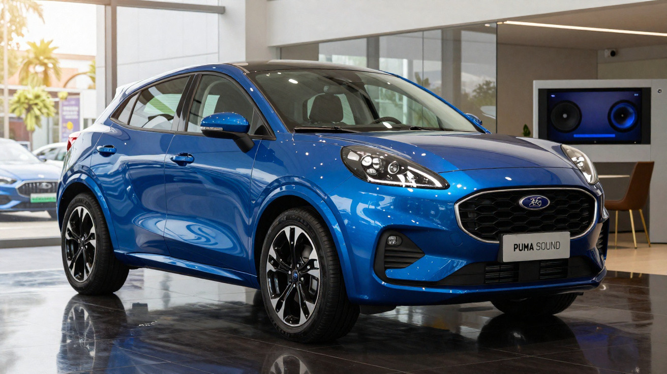 Carro azul Puma Sound em exposição interna, com design moderno e rodas pretas brilhantes.