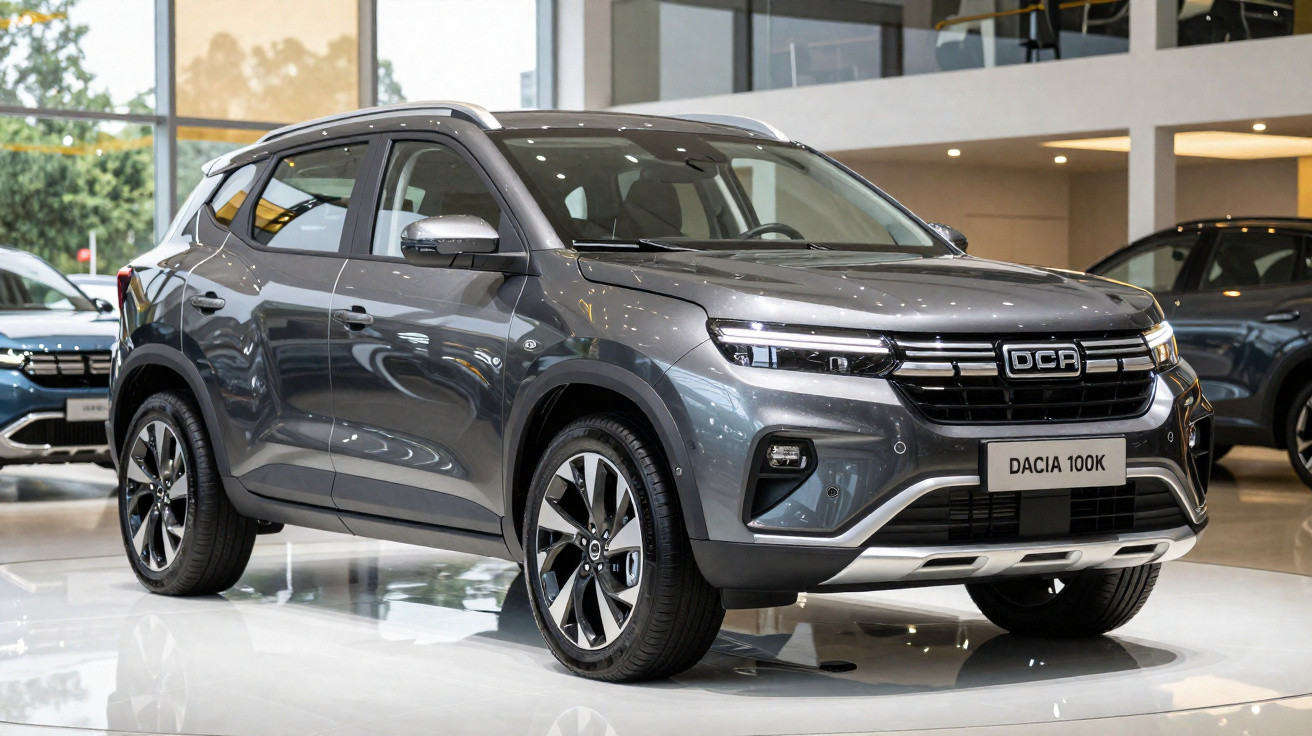 Carro SUV cinza Dacia 100K exposto em showroom moderno com iluminação interna e outro veículo ao fundo.