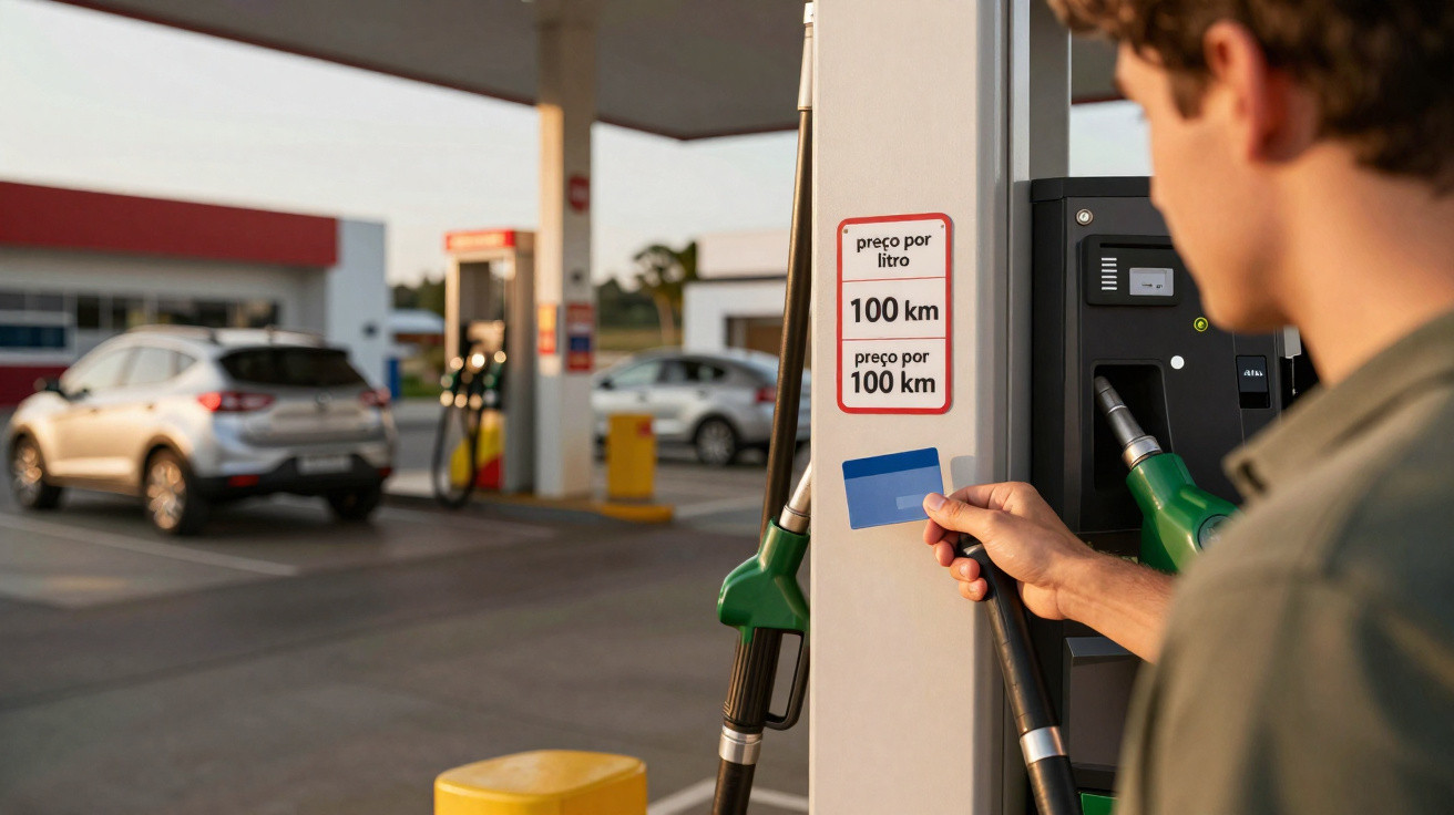 Homem segurando cartão de pagamento próximo a bomba de combustível em posto de gasolina.