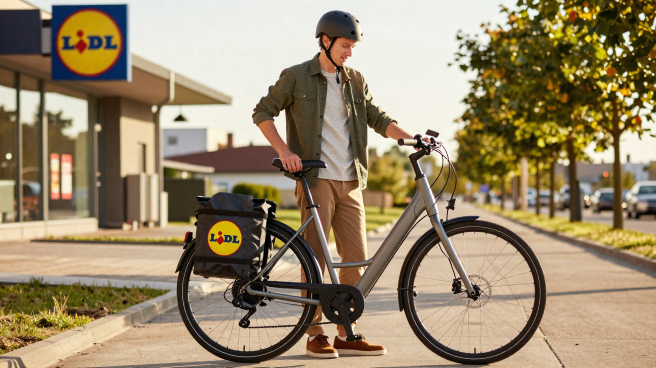Homem com capacete encostado em bicicleta com bolsa da Lidl em frente a supermercado Lidl ao entardecer.