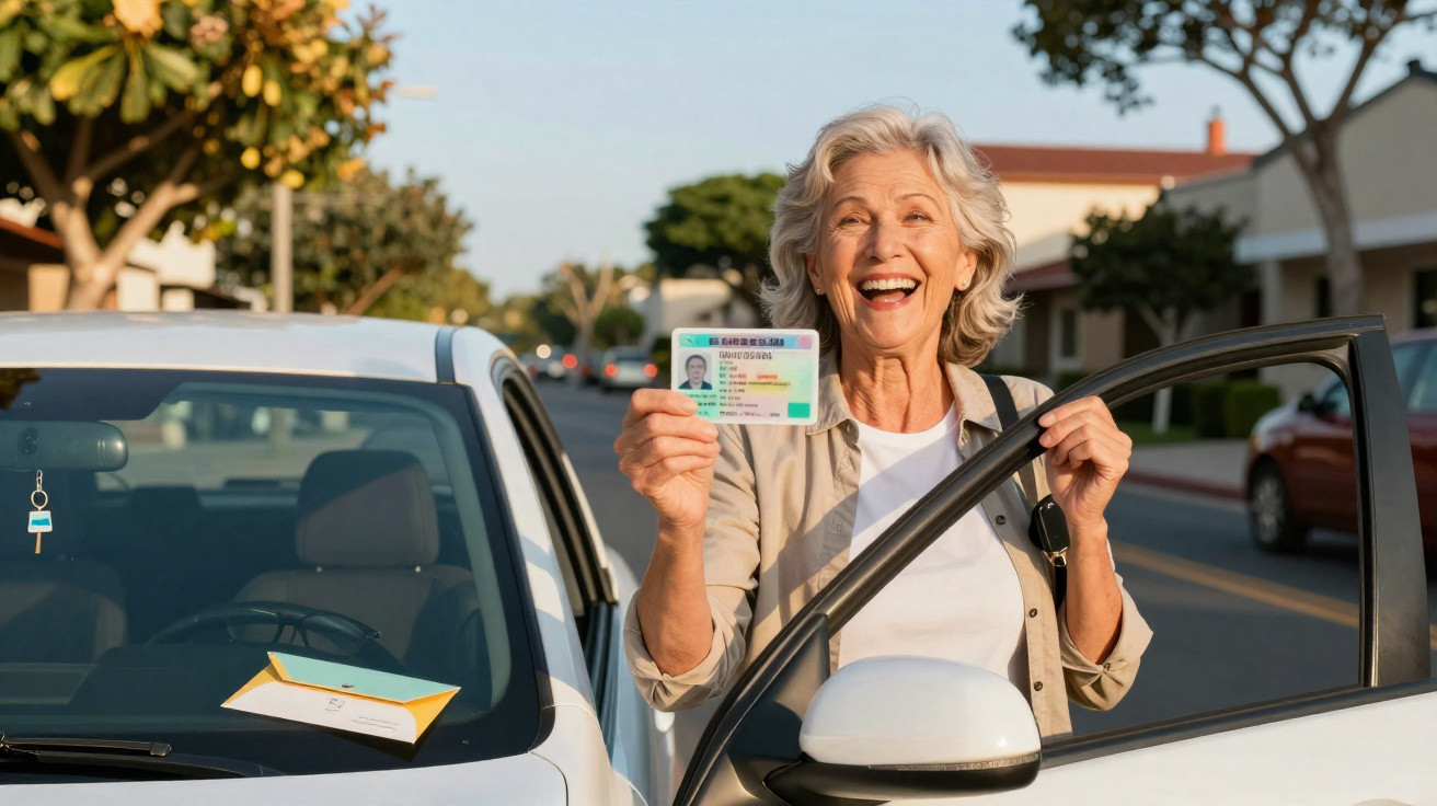 Mulher idosa sorridente segurando carteira de motorista ao lado da porta aberta de um carro branco.