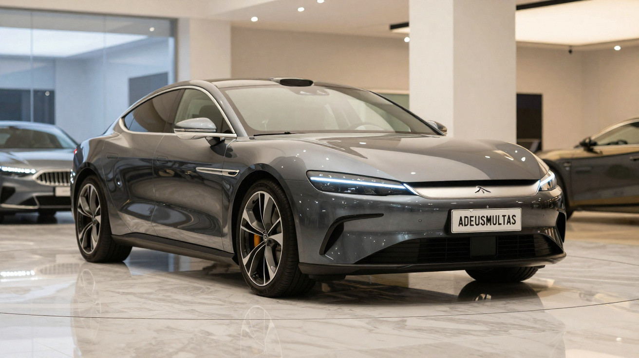 Carro esportivo cinza metálico estacionado em showroom moderno com piso de mármore branco.