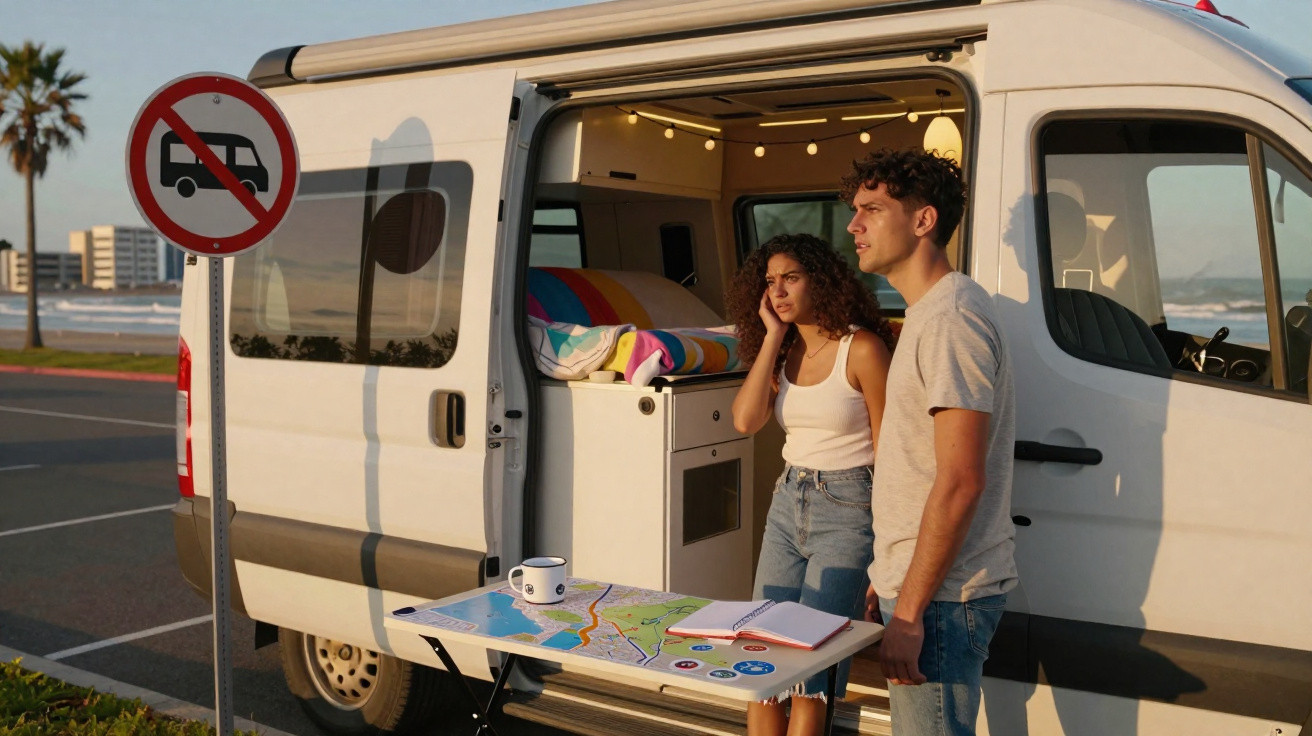 Casal em frente a van estacionada perto da praia com placa de proibido motorhome ao lado.