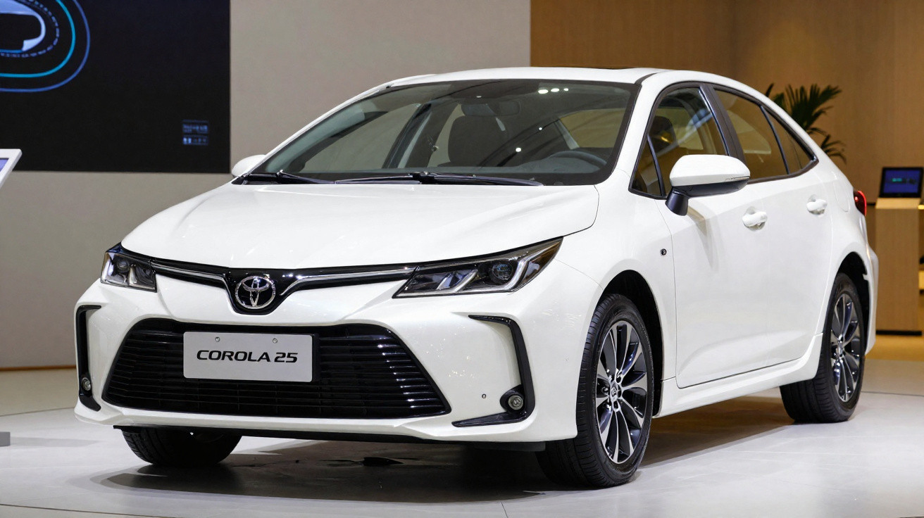 Carro branco Toyota Corolla 2025 em exposição, vista frontal e lateral direita.
