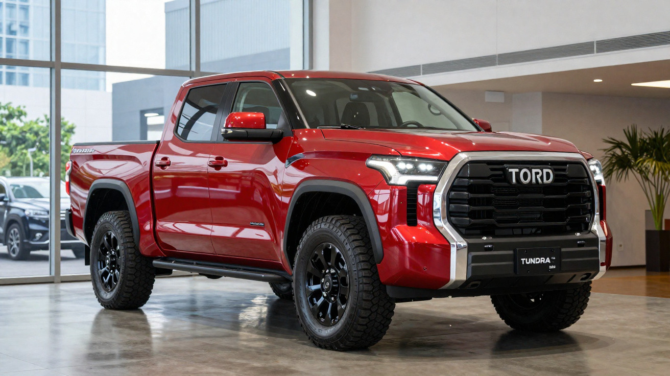 Picape vermelha TORD Tundra 2024 em showroom moderno com pneus robustos e design imponente.