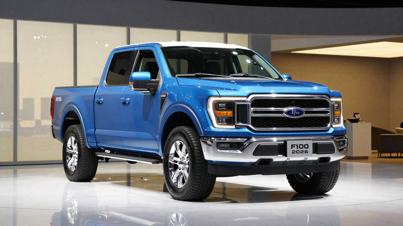 Picape Ford F-100 2026 azul em exposição interna com faróis acesos e rodas cromadas.