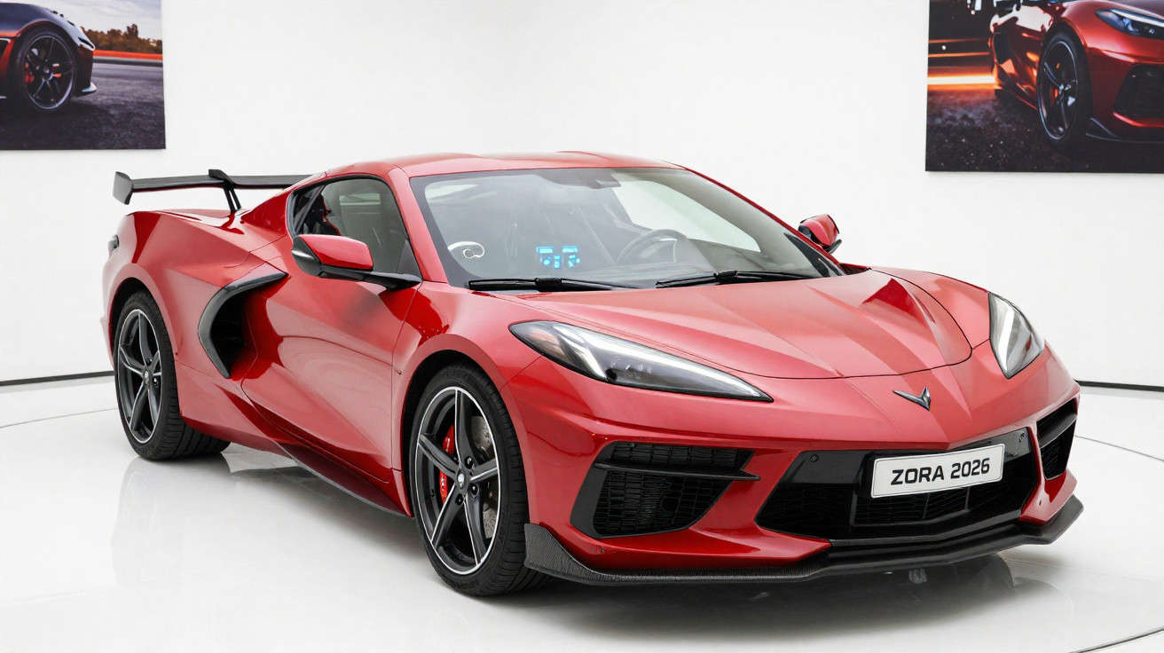 Carro esportivo vermelho modelo Zora 2026 exposto em ambiente branco com duas quadros nas paredes.