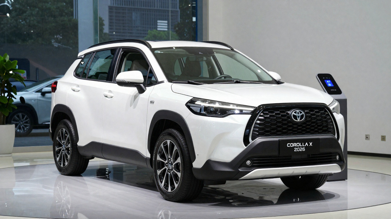Carro SUV branco Toyota Corolla X 2026 exibido em plataforma interna com pedestal de tecnologia ao fundo.