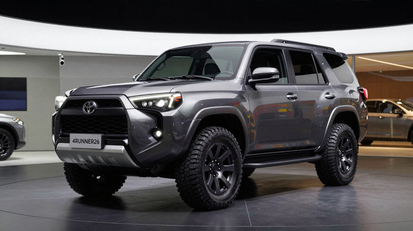 SUV Toyota 4Runner cinza escuro com pneus off-road exposto em salão de automóveis.