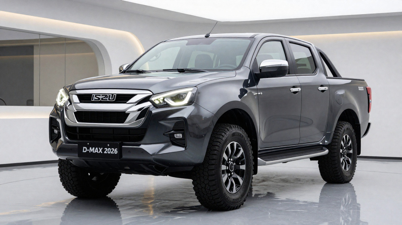 Picape Isuzu D-Max 2026 cinza escuro, vista frontal em ambiente interno iluminado.