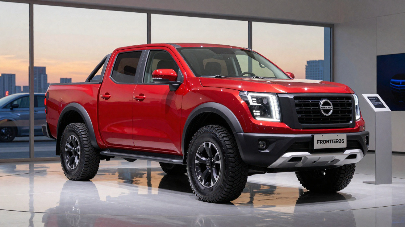 Picape Nissan Frontier 2026 vermelha exibida em showroom moderno com grande janela ao fundo.
