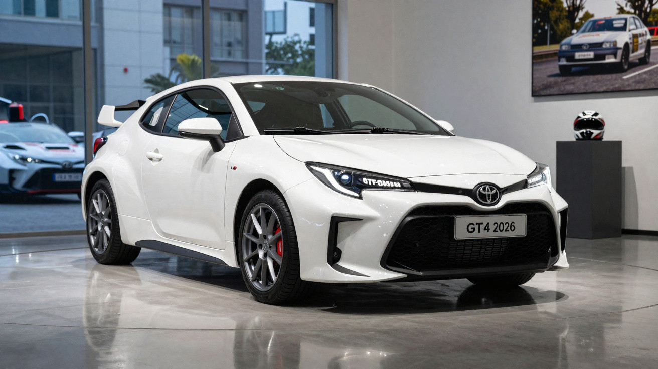 Carro esportivo Toyota GT4 branco exibido em showroom moderno com piso refletivo.