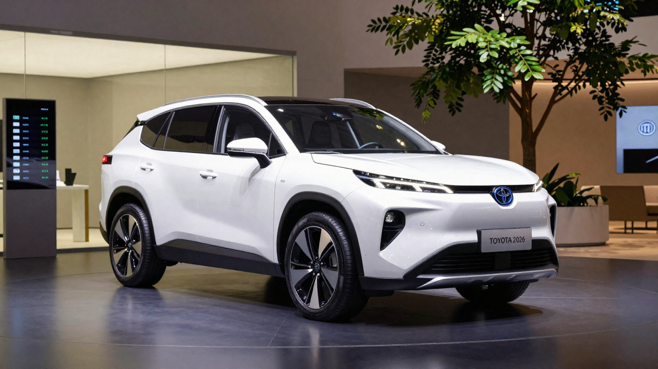 SUV branco Toyota 2026 em exposição interna com árvore e iluminação artificial.