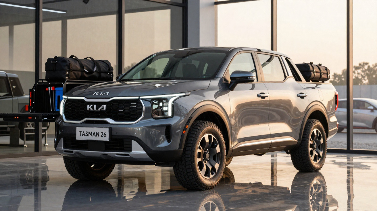 Picape Kia Tasman cinza estacionada dentro de showroom com bagagem preta na caçamba.