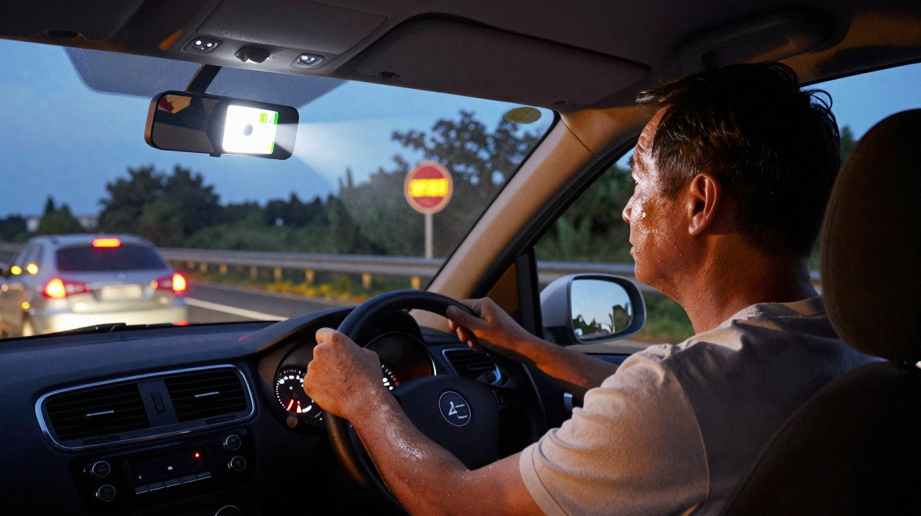 Homem dirigindo carro à noite com olhar atento e luz do celular no retrovisor interno.