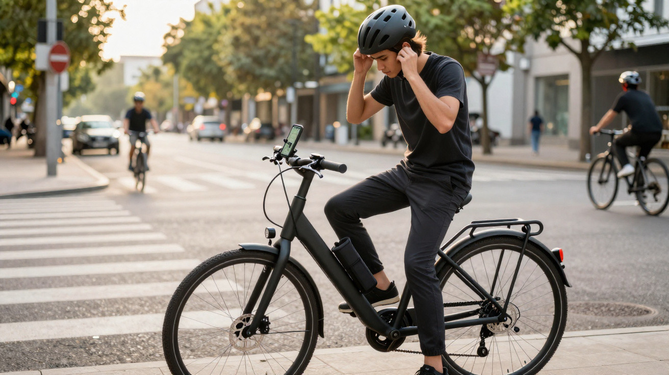 Jovem com capacete ajustando a proteção enquanto monta bicicleta elétrica em rua urbana ao entardecer.