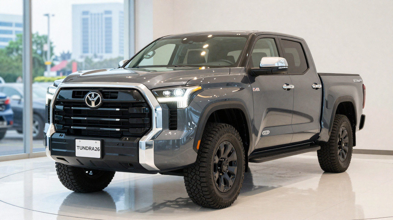 Picape Toyota Tundra cinza estacionada em showroom com teto preto e rodas pretas.