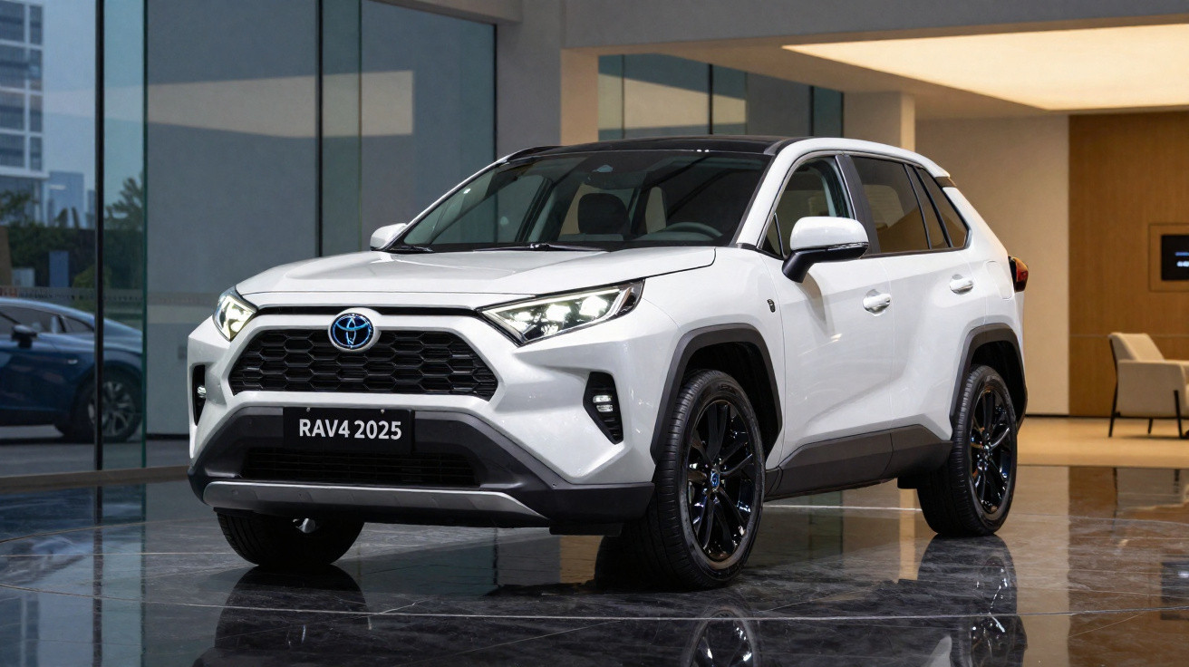 SUV branco Toyota RAV4 2025 em ambiente interno com piso refletivo e iluminação moderna.