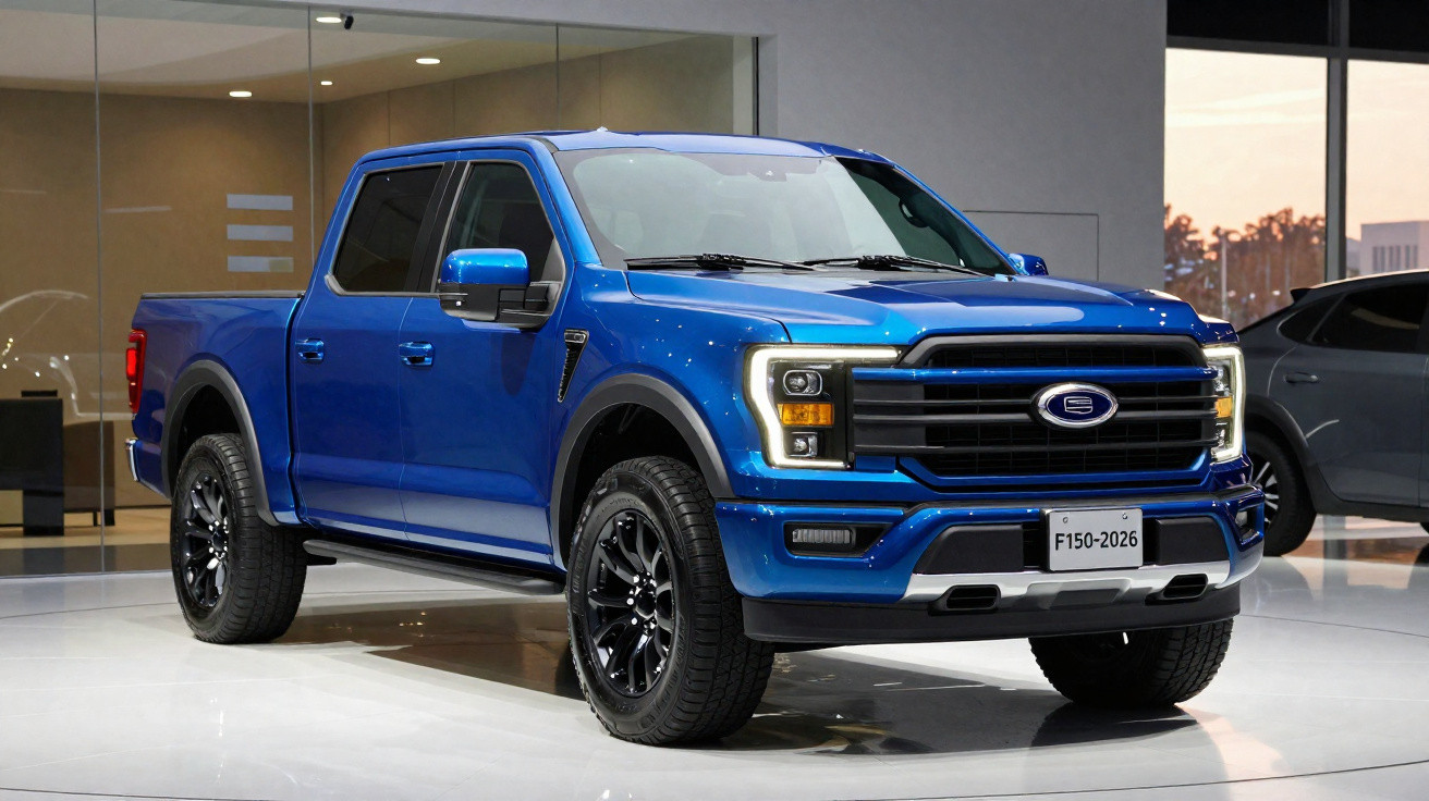 Picape azul exibida em showroom moderno com iluminação interna refletida na carroceria.