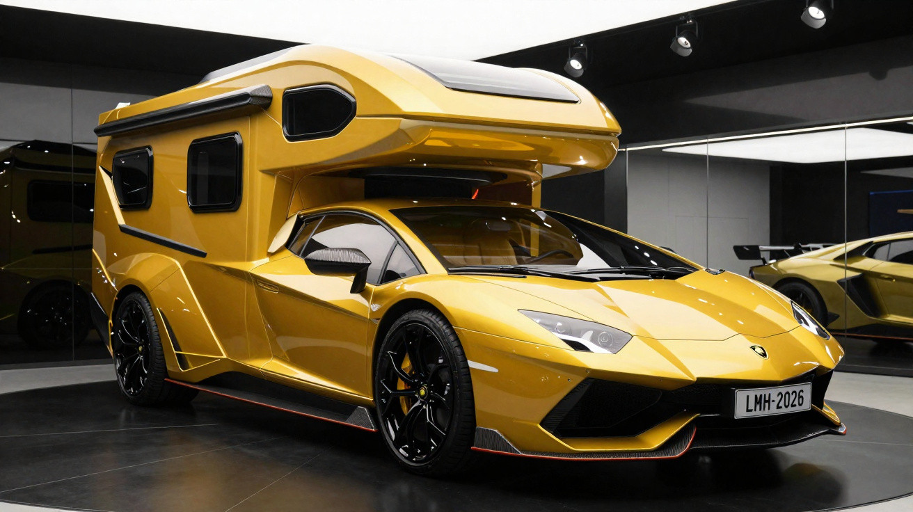 Carro esportivo Lamborghini amarelo adaptado com estrutura de motorhome em showroom moderno.