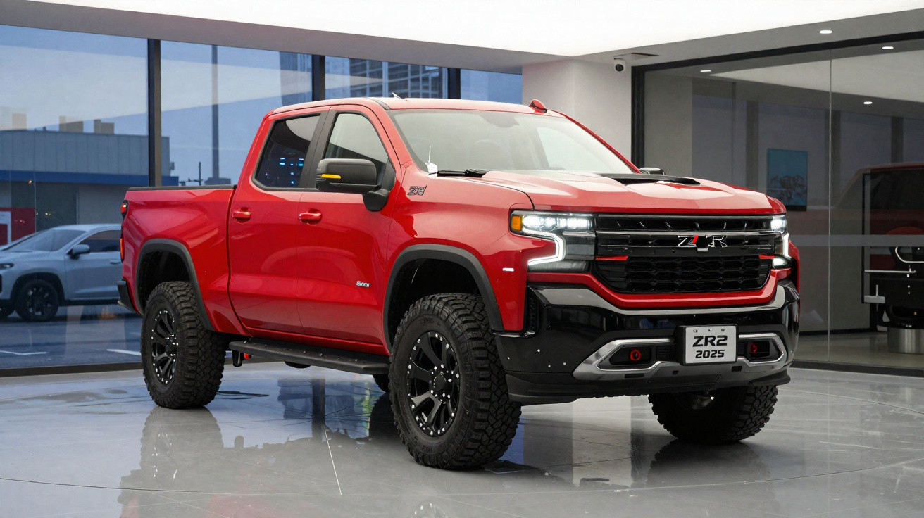 Picape vermelha Chevrolet ZR2 2025 estacionada em showroom moderno com piso reflete o veículo.