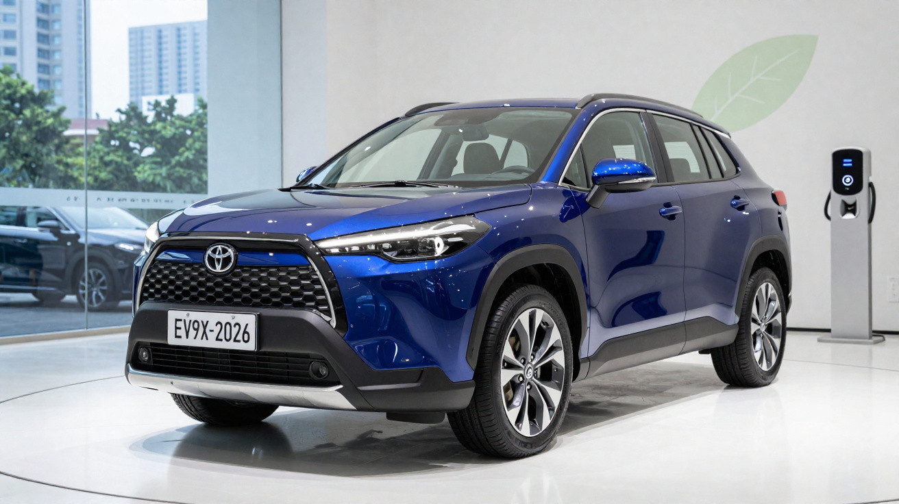 Carro SUV elétrico azul Toyota EV9X-2026 exibido em showroom moderno com estação de recarga.