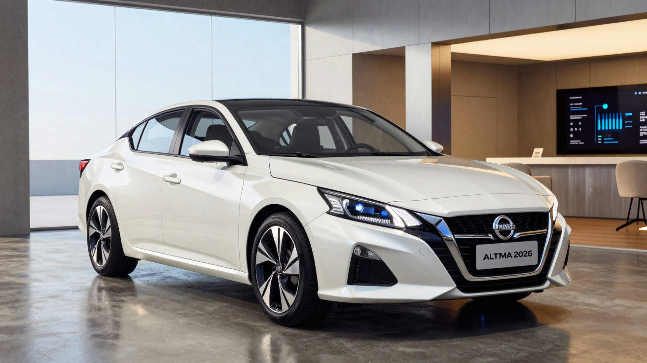 Carro sedã branco Nissan Altima 2026 estacionado em ambiente interno moderno e iluminado.