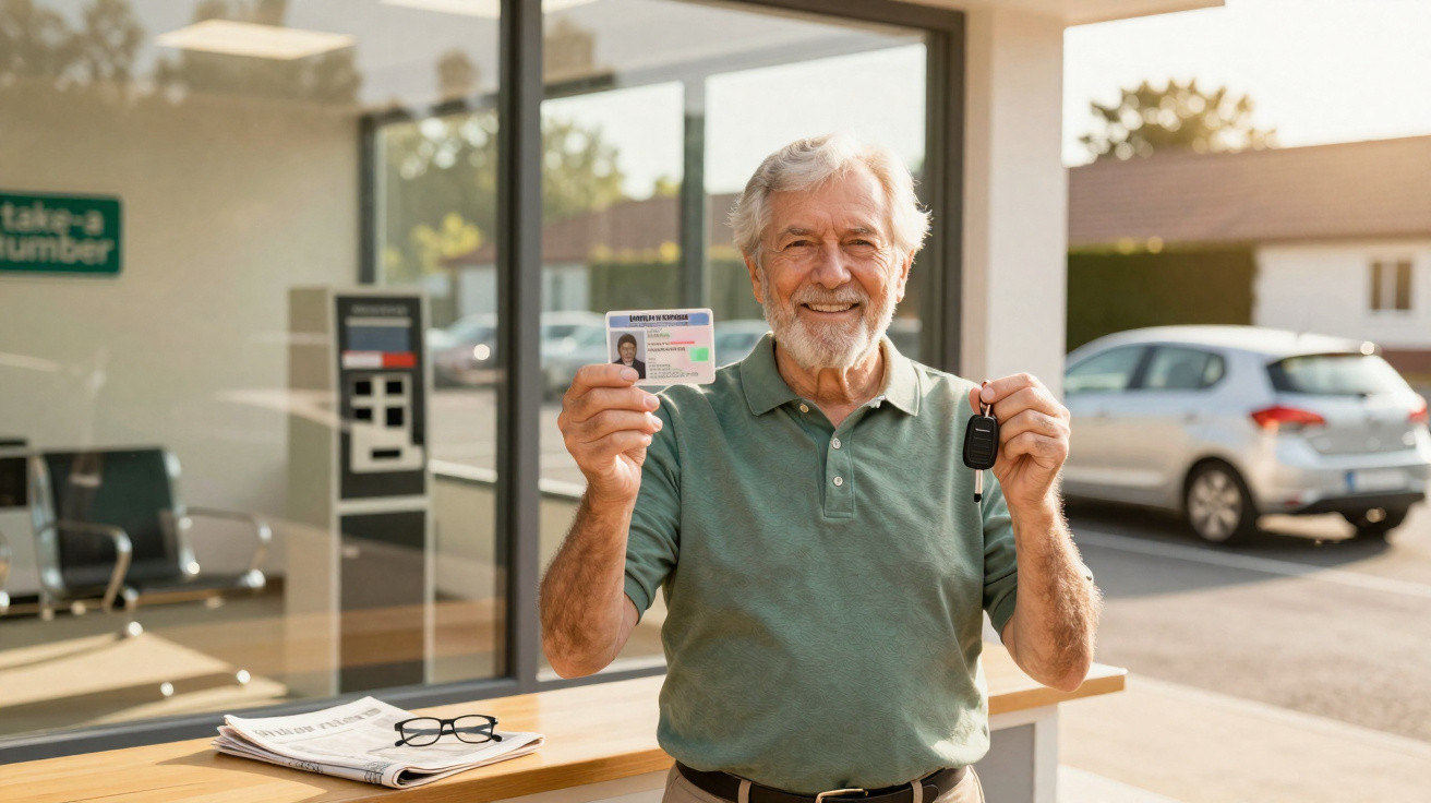 Homem idoso sorridente mostrando carteira de motorista e chave de carro em estacionamento ao ar livre.