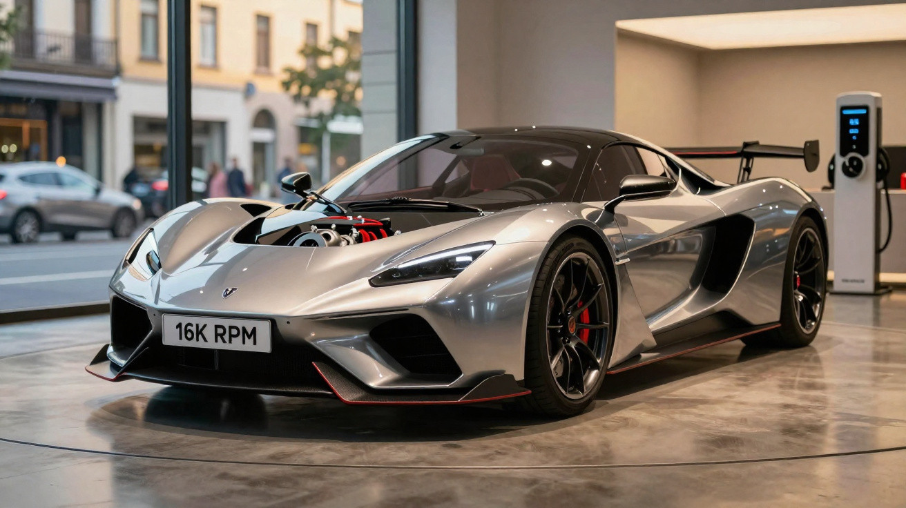 Carro esportivo prata com motor exposto, aerofólio traseiro e placa 16K RPM em exposição interna.