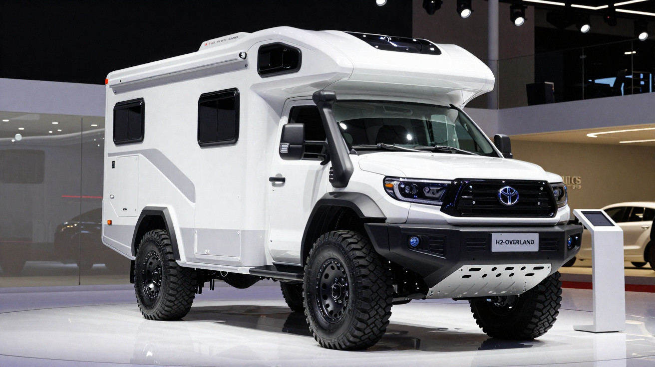 Veículo recreativo branco modelo H2-Overland exibido em ambiente fechado com iluminação intensa.