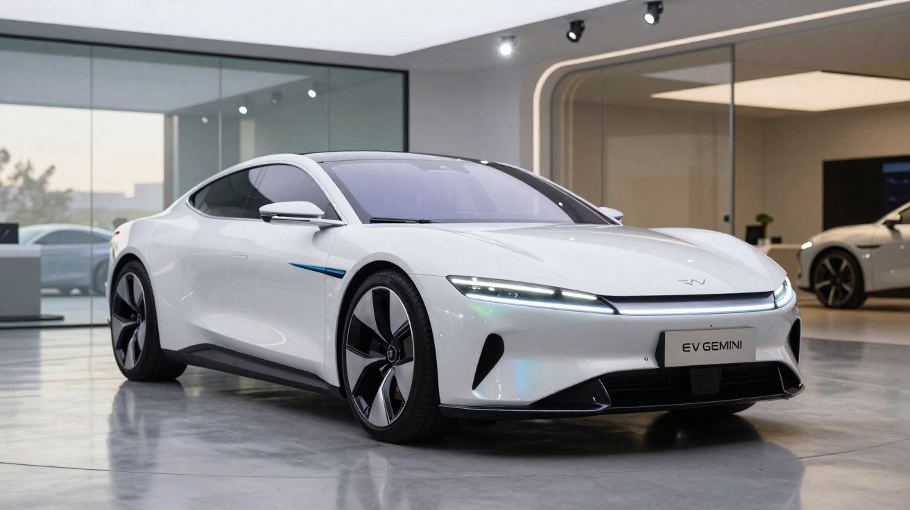 Carro esportivo elétrico branco EV Gemini exibido em showroom moderno com piso de concreto polido.