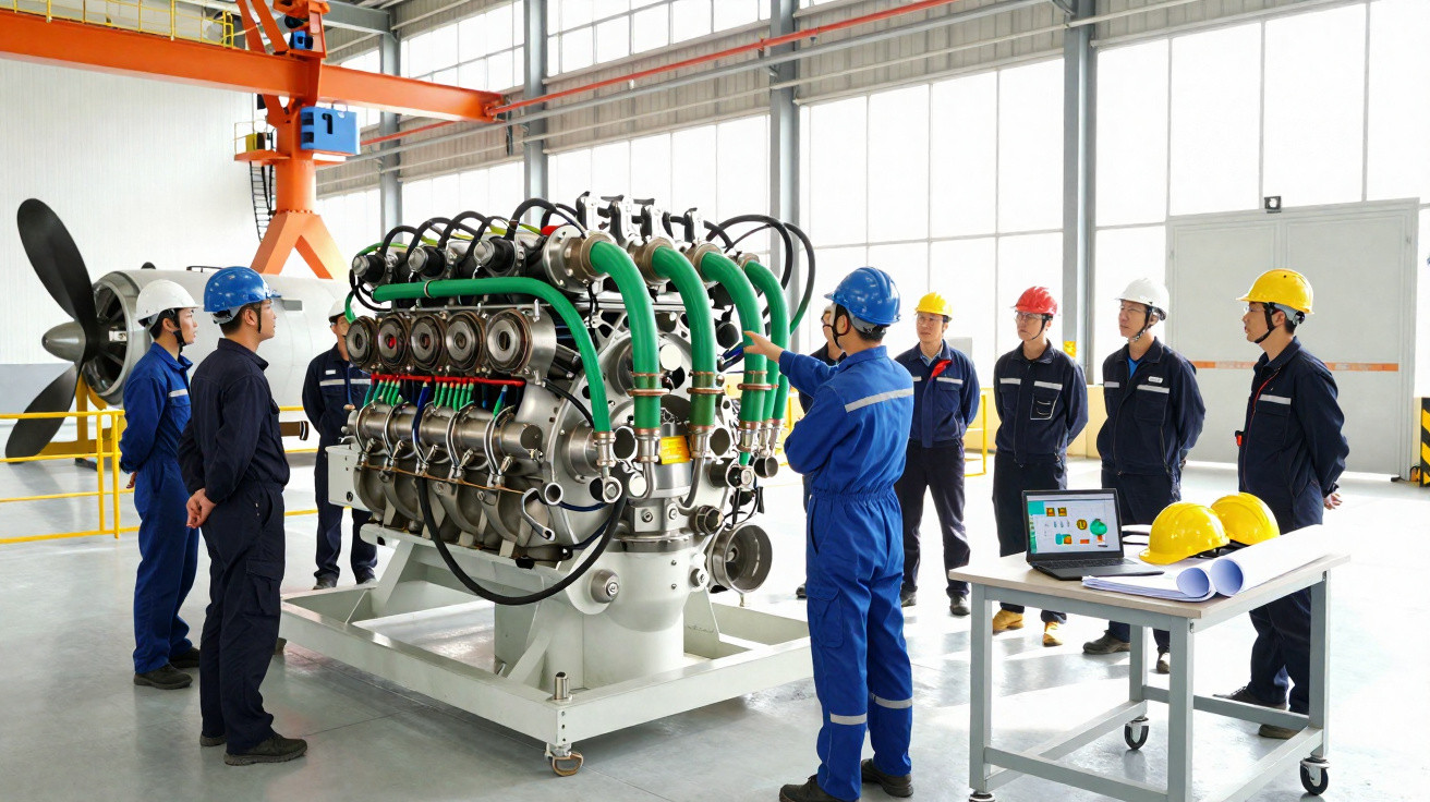 Grupo de engenheiros com capacetes analisando motor industrial grande em oficina iluminada.