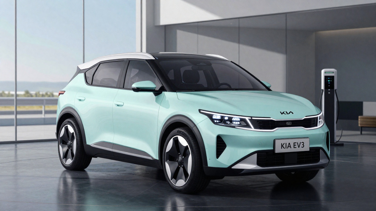 Carro elétrico KIA EV3 azul claro estacionado em salão moderno com estação de recarga ao fundo.