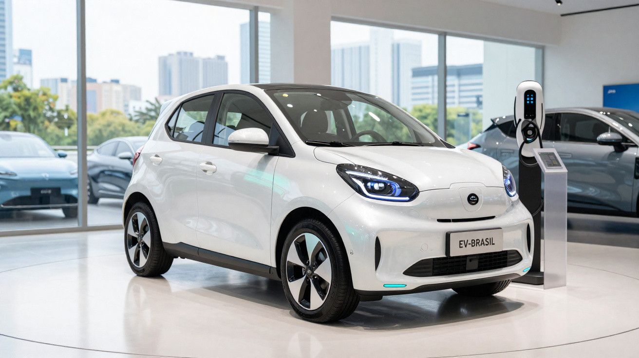 Carro elétrico branco moderno em exposição, conectado a estação de carregamento interno em showroom.