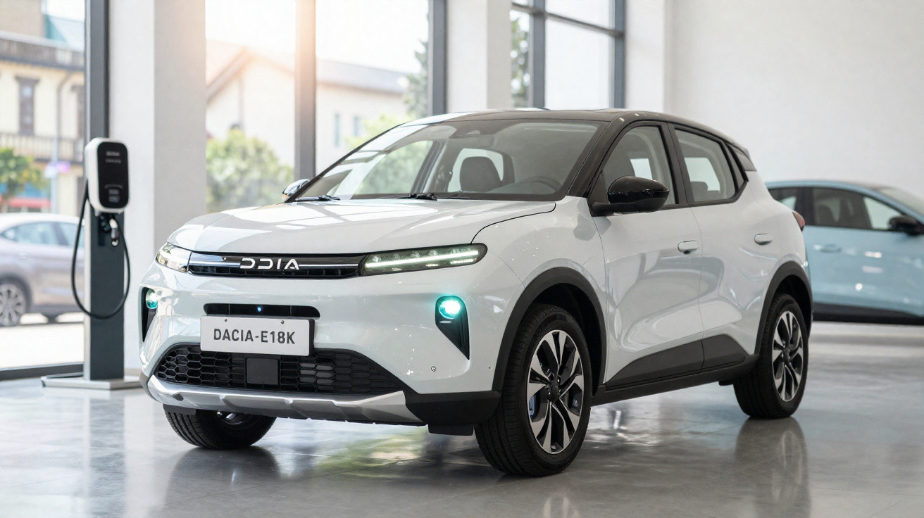 Carro elétrico branco Dacia E18K exibido em showroom moderno com carregador ao fundo.