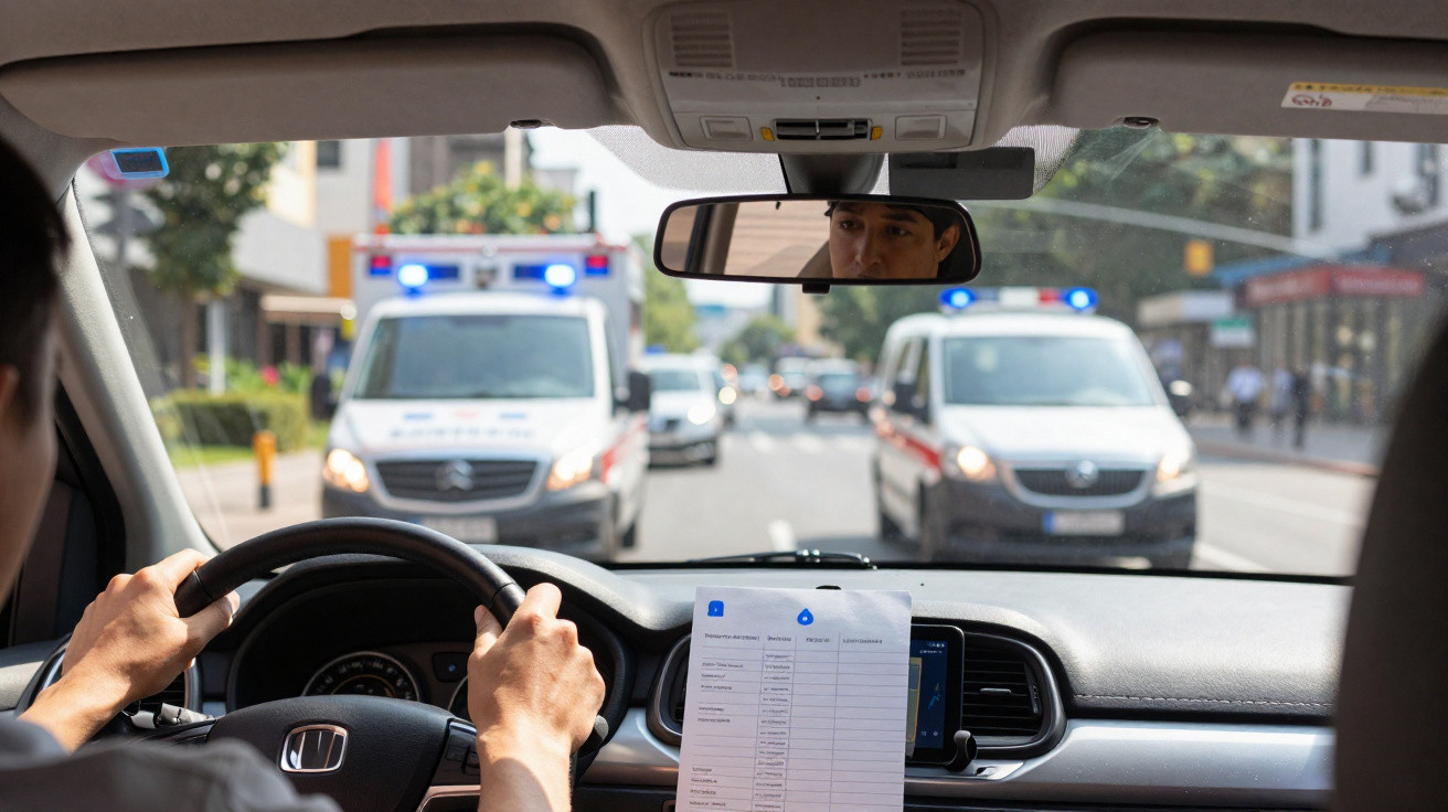 Motorista dentro de carro observa duas ambulâncias com luzes de emergência na rua à frente.