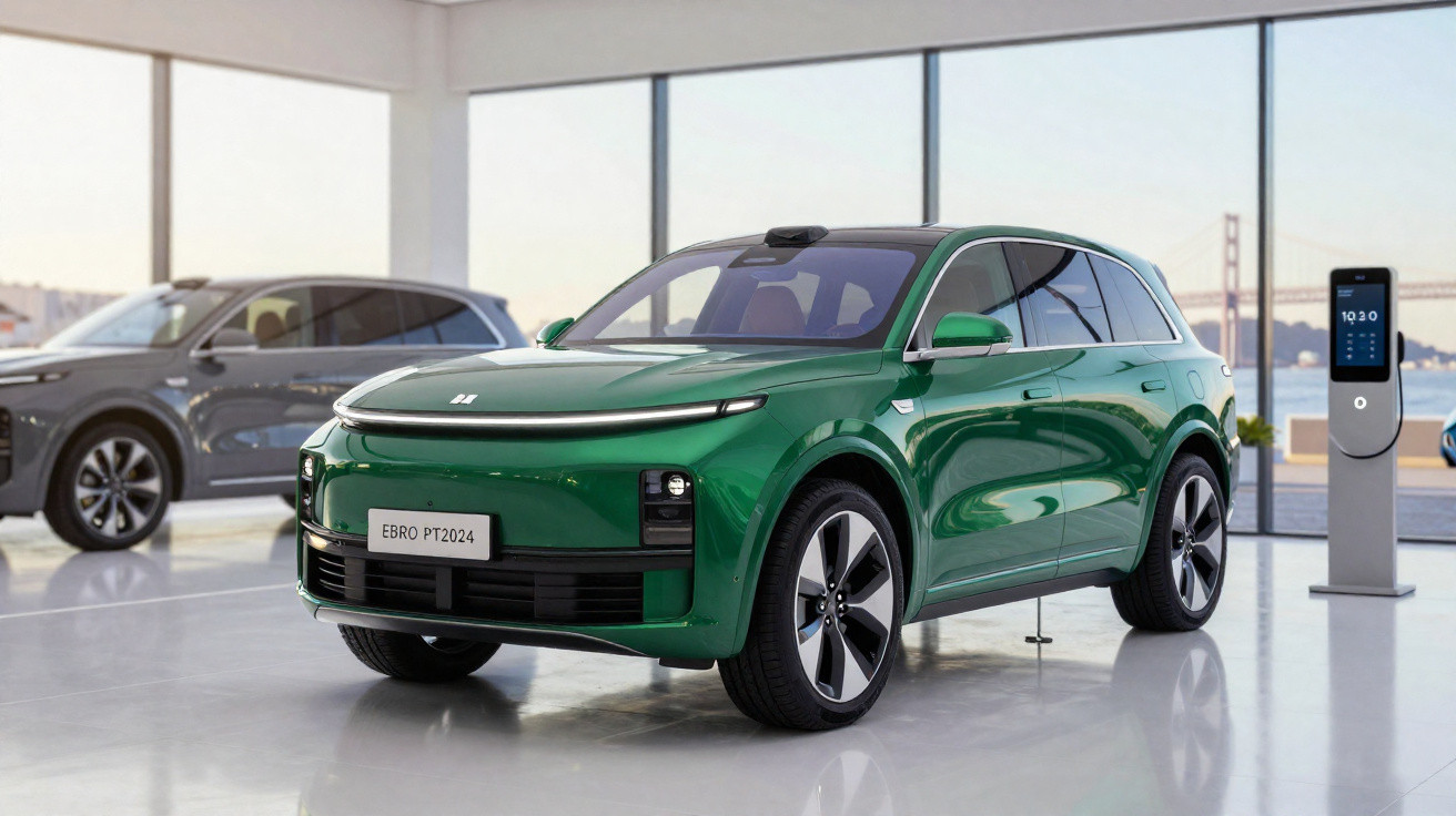 Carro elétrico verde modelo SUV em showroom moderno com ladrão de recarga à direita e outro carro cinza ao fundo.