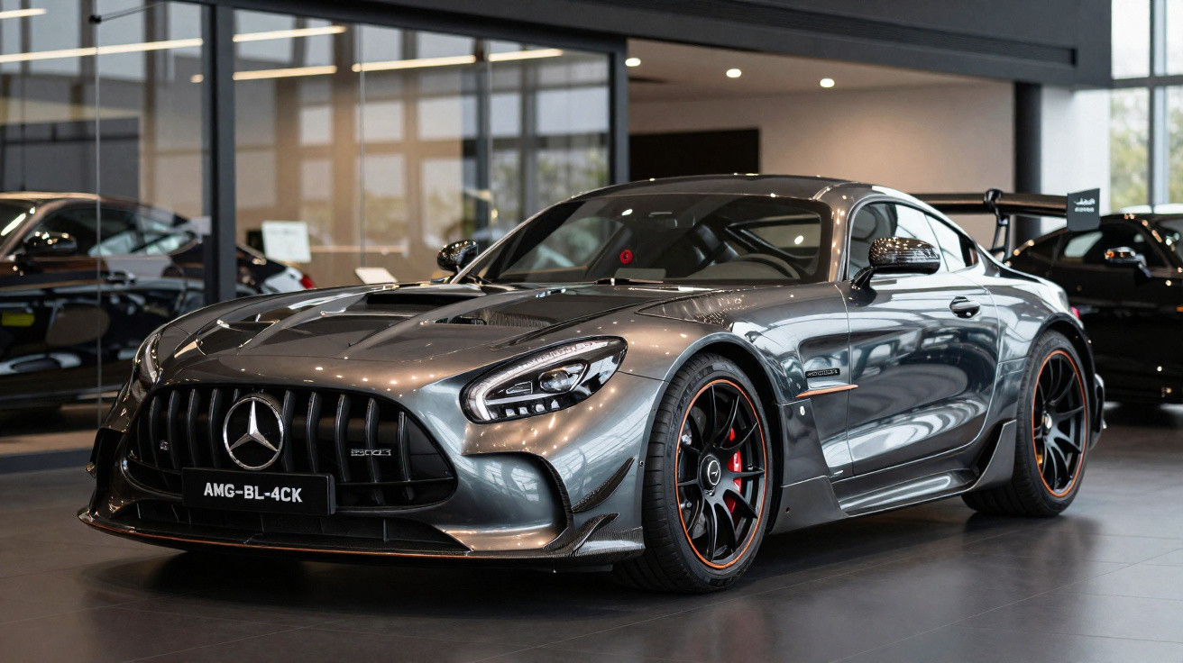 Carro esportivo Mercedes-Benz AMG cinza metálico em showroom moderno com piso escuro.