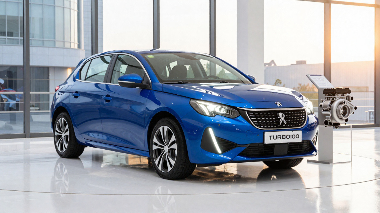 Carro hatch azul Peugeot Turbo100 em exposição moderna com motor ao lado em pedestal transparente.