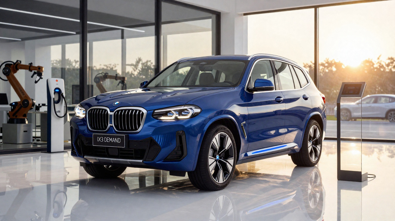 Carro SUV BMW azul elétrico em showroom moderno com carregador e robôs industriais ao fundo.