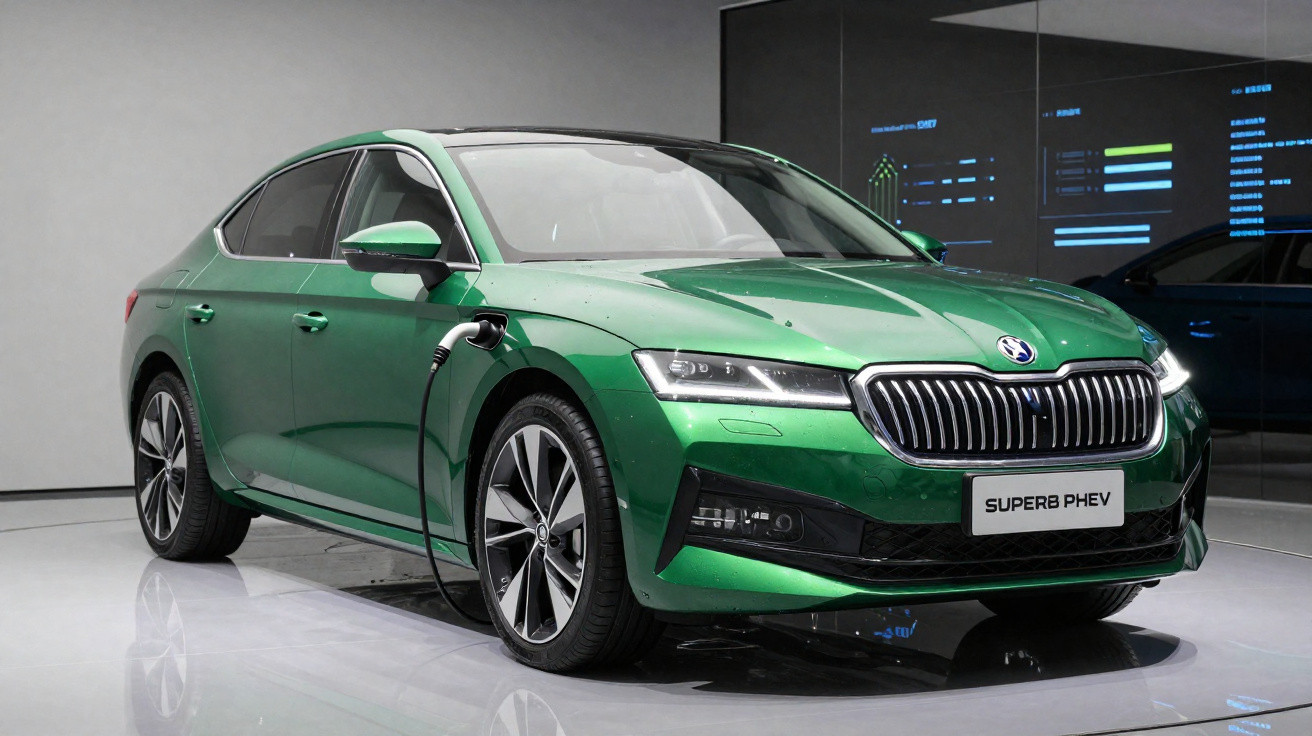 Carro sedan verde elétrico Škoda Superb PHEV estacionado em ambiente moderno e minimalista, sendo carregado.