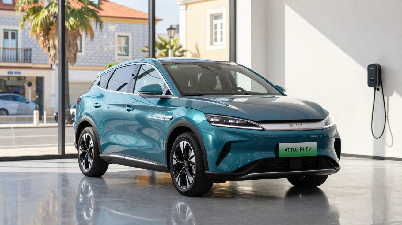 Carro elétrico azul moderno estacionado ao lado de parede branca com carregador instalado.