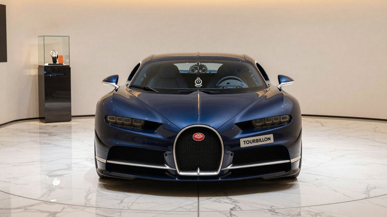 Carro esportivo Bugatti Chiron azul escuro exibido em ambiente interno com piso de mármore.
